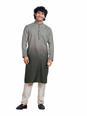 Vardha men's cotton print shaded stitched kurta, cloud grey moroccan pattern printed kurtas for men, size s 1