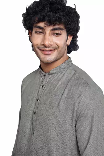 Vardha men's cotton print shaded stitched kurta, cloud grey moroccan pattern printed kurtas for men, size s