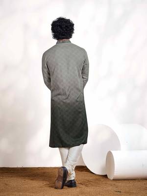 Vardha men's cotton print shaded stitched kurta, cloud grey moroccan pattern printed kurtas for men, size s 4