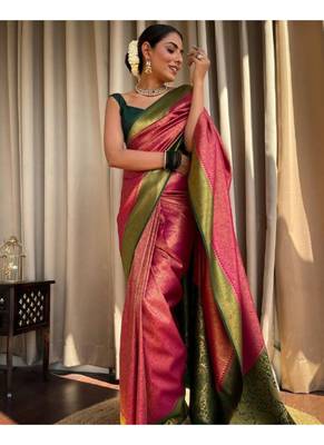 Pink Designer Weaving Jacquard Faux Banarasi Soft Silk Traditional Saree 4