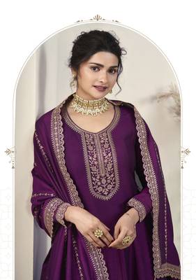 Purple embroidered silk georgette semi stitched anarkali suit 2