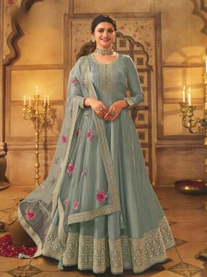 Dark grey embroidered dola silk semi stitched anarkali suit 1