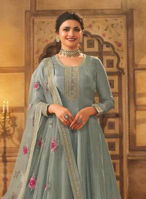Dark grey embroidered dola silk semi stitched anarkali suit 2
