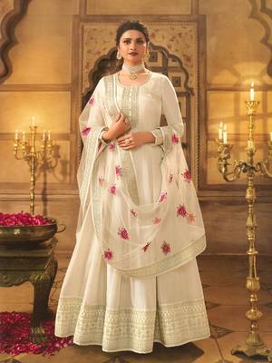 Cream embroidered dola silk semi stitched anarkali suit 1
