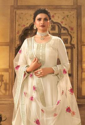 Cream embroidered dola silk semi stitched anarkali suit 2