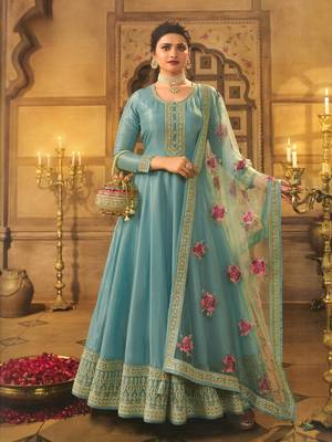 Slate grey embroidered dola silk semi stitched anarkali suit 1