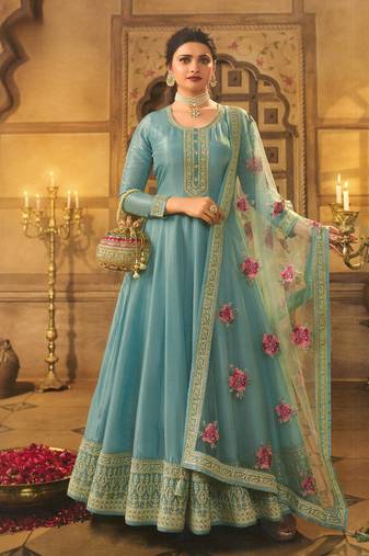 Slate grey embroidered dola silk semi stitched anarkali suit