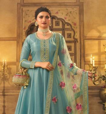 Slate grey embroidered dola silk semi stitched anarkali suit 2