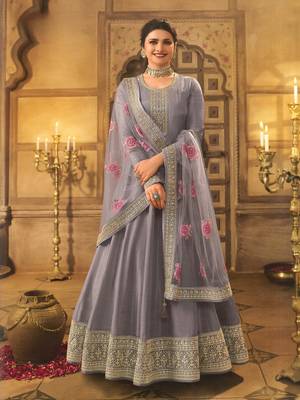 Dark lavender embroidered dola silk semi stitched anarkali suit 1