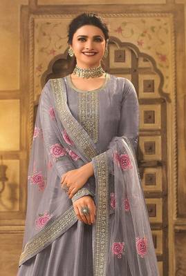 Dark lavender embroidered dola silk semi stitched anarkali suit 2