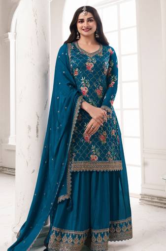 Teal embroidered chinon silk semi stitched salwar suit