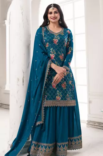 Teal embroidered chinon silk semi stitched salwar suit
