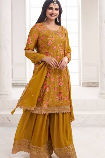 Mustard embroidered chinon silk semi stitched salwar suit