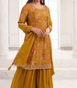 Mustard embroidered chinon silk semi stitched salwar suit