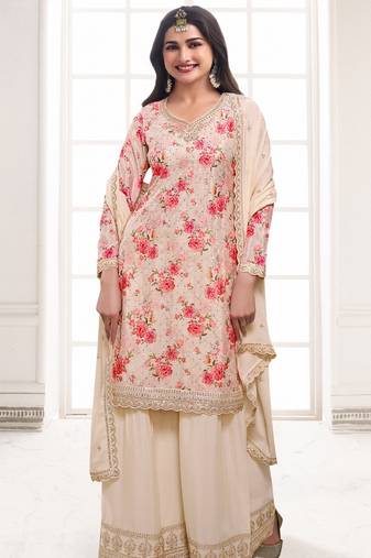 Off white embroidered chinon silk semi stitched salwar suit