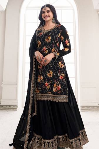 Black embroidered chinon silk semi stitched salwar suit