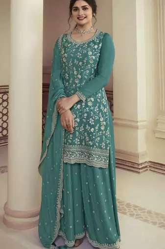 Blue embroidered chinon silk semi stitched salwar suit