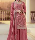 Peach embroidered chinon silk semi stitched salwar suit