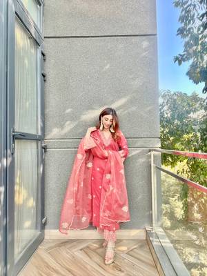 Red embroidery silk a-line kurta set 1