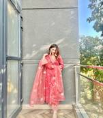 Red embroidery silk a-line kurta set