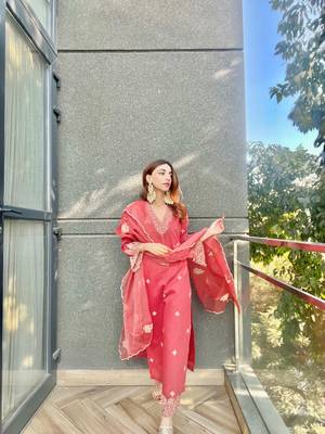 Red embroidery silk a-line kurta set 2