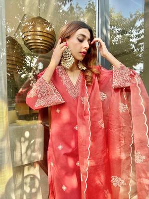 Red embroidery silk a-line kurta set 3