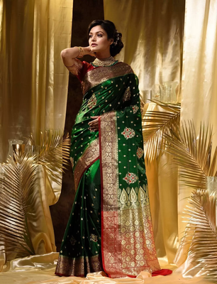 Green and red banarasi silk saree with blouse piece. 1