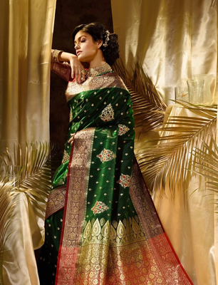 Green and red banarasi silk saree with blouse piece. 2