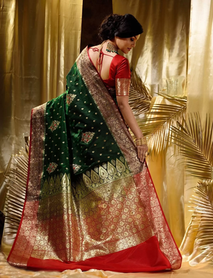 Green and red banarasi silk saree with blouse piece. 3