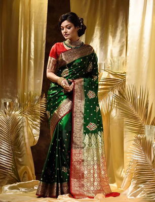 Green and red banarasi silk saree with blouse piece. 4