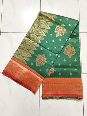 Green and red banarasi silk saree with blouse piece. 5