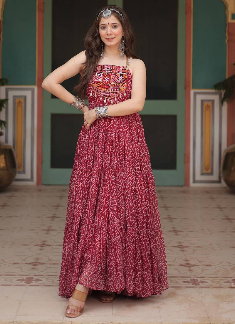 chinese dress ladies Blue Bandhani Print Long Flare Gown Online For Navratri main image 1