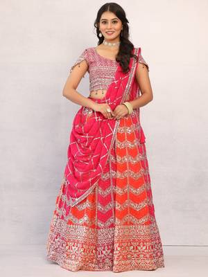 Multicolour Designer Georgette Lehenga with Stone Work, Pink Off-the-Shoulder Blouse & Heavy Dupatta 1