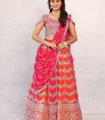 Multicolour Designer Georgette Lehenga with Stone Work, Pink Off-the-Shoulder Blouse & Heavy Dupatta