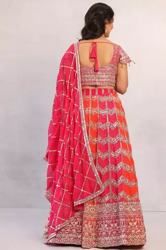 Multicolour Designer Georgette Lehenga with Stone Work, Pink Off-the-Shoulder Blouse & Heavy Dupatta
