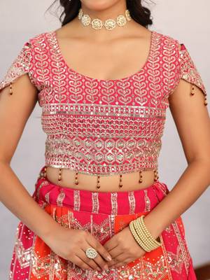Multicolour Designer Georgette Lehenga with Stone Work, Pink Off-the-Shoulder Blouse & Heavy Dupatta 3