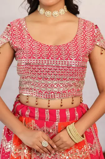 Multicolour Designer Georgette Lehenga with Stone Work, Pink Off-the-Shoulder Blouse & Heavy Dupatta