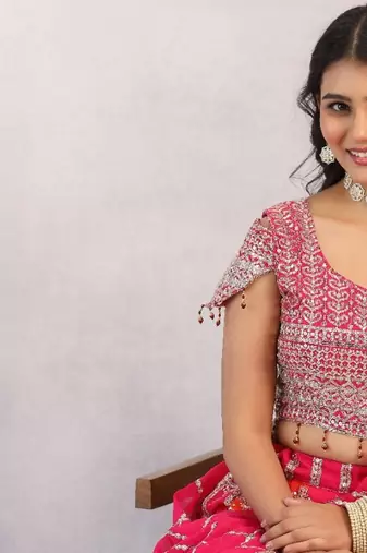 Multicolour Designer Georgette Lehenga with Stone Work, Pink Off-the-Shoulder Blouse & Heavy Dupatta