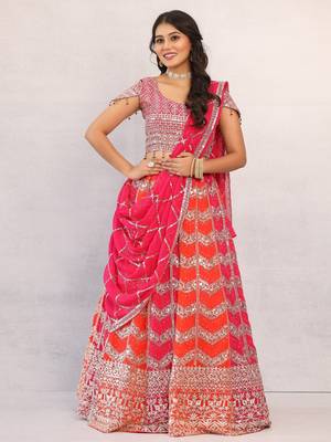 Multicolour Designer Georgette Lehenga with Stone Work, Pink Off-the-Shoulder Blouse & Heavy Dupatta 5