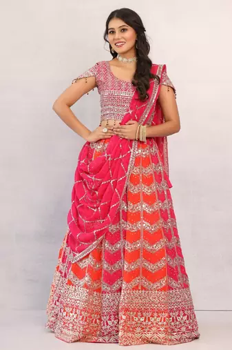 Multicolour Designer Georgette Lehenga with Stone Work, Pink Off-the-Shoulder Blouse & Heavy Dupatta