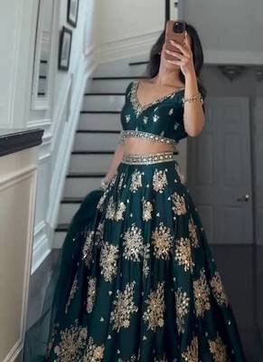 Dark Green Read to Wear Satin Lehenga Choli with Dupatta 1