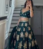 Dark Green Read to Wear Satin Lehenga Choli with Dupatta