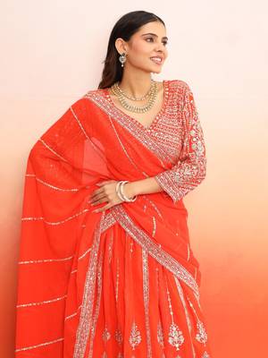 Orange Lehenga Choli with Heavy Work dupatta for festive season wear (set of 3) 3