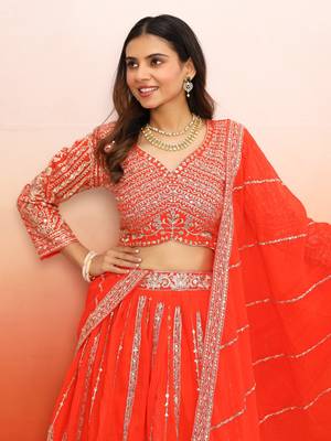 Orange Lehenga Choli with Heavy Work dupatta for festive season wear (set of 3) 4