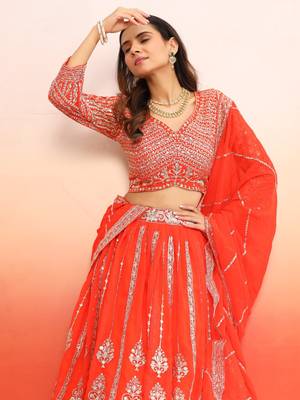 Orange Lehenga Choli with Heavy Work dupatta for festive season wear (set of 3) 5