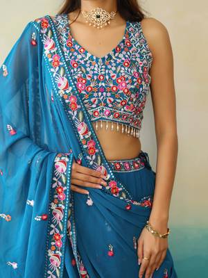 Blue Georgette Threadwork Lehenga 4