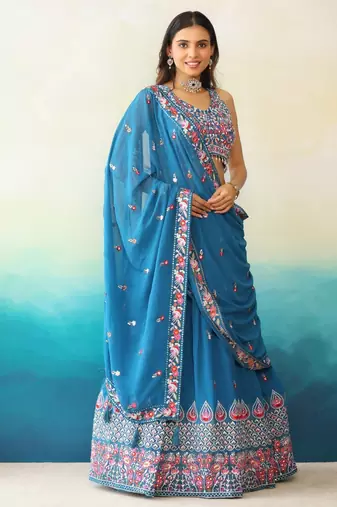 Blue Georgette Threadwork Lehenga