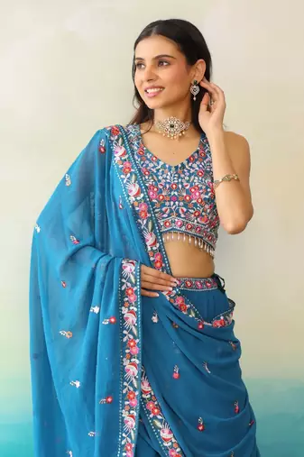 Blue Georgette Threadwork Lehenga