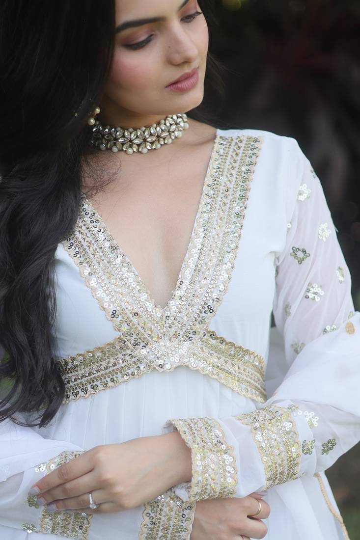 Alia Cut Womens White Embroidered Dress WHITE DESIGNER PREMIUM READYMADE ALIA  CUT GOWN WITH DUPATTA SET