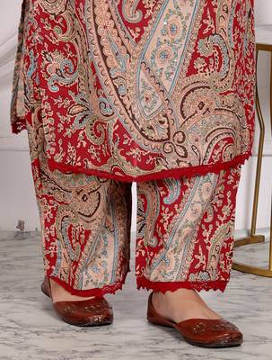 Women's cotton co-ord-set red paisley print with long kurta and pant 7